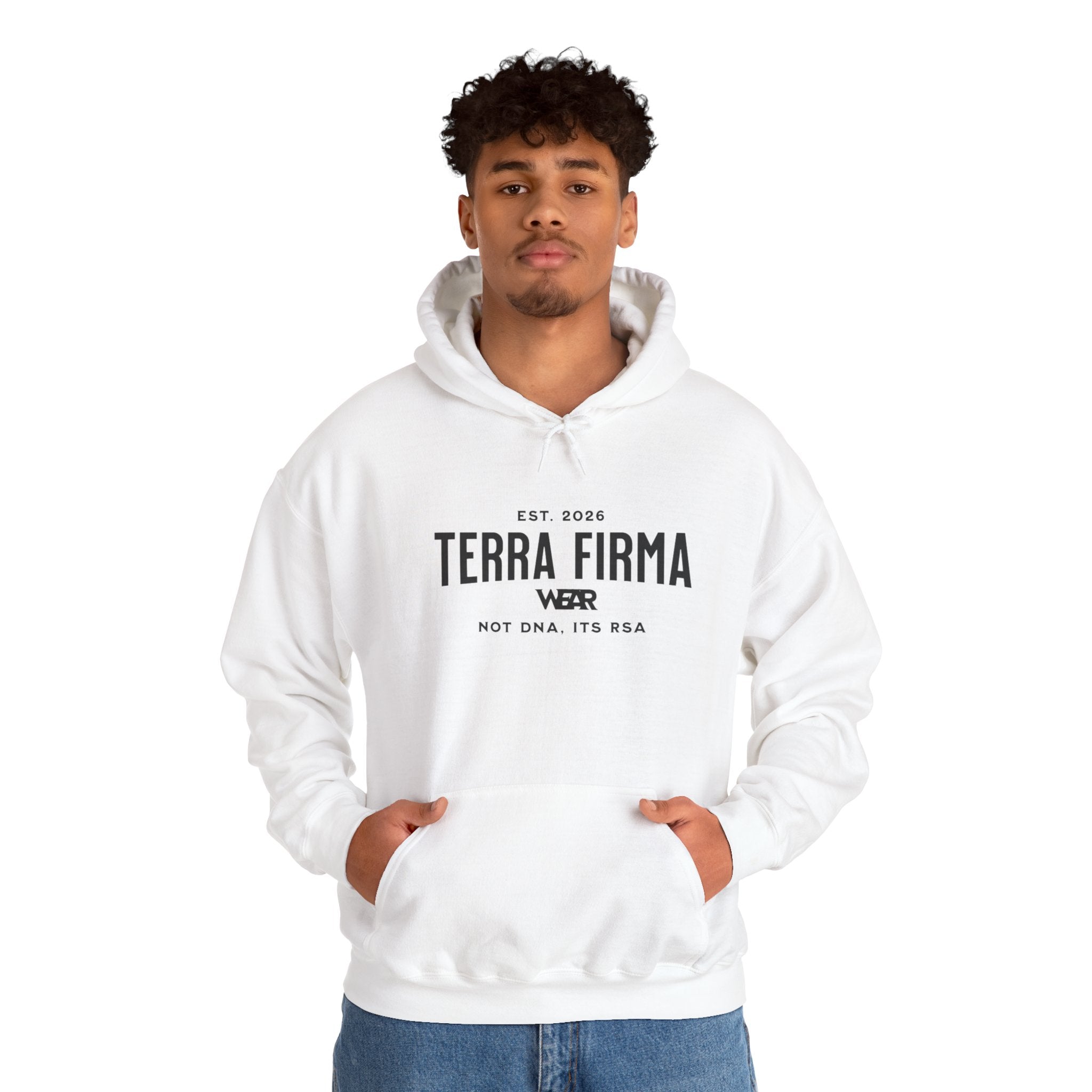 Terra Firma Graphic Hoodie — Angel Statue Back Print, 'Not ONA Its Essa' Chest Text Printify